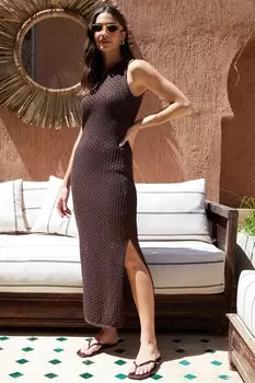 Платье макси с подкладкой, связанное крючком, из 100% хлопка Threadbare, коричневый