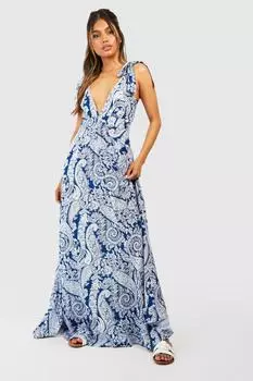 Платье макси с погружением на плечах и завязками пейсли Boohoo, синий