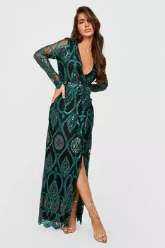 Платье макси с погруженным дамаском Boohoo, изумрудный