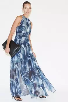 Платье макси с принтами и вырезом бретельками Religion, серый