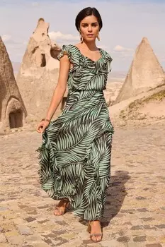 Платье макси с принтом и металлизированными оборками и завязками на спине Love & Roses, коричневый