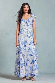 Платье макси с принтом и металлизированными оборками и завязками на спине Love & Roses, мультиколор