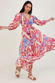 Платье макси с принтом икат Monsoon, розовый