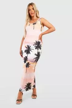 Платье макси с принтом пальмы и овчным вырезом Boohoo, розовый