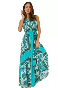 Платье макси с принтом шарфа и бретелькой на шее Roman, синий