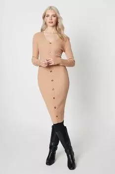 Платье макси с пуговицами в рубчик спереди Debenhams, бежевый