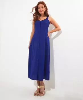 Платье макси с пышной юбкой и пуговицами из смесового льна кобальтового цвета Joe Browns, синий