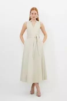 Платье макси с пышной юбкой из искусственной кожи с вырезом и поясом Karen Millen, бежевый