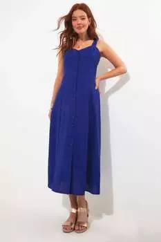 Платье макси с пышной юбкой на пуговицах из смесового льна кобальтового цвета Joe Browns, синий