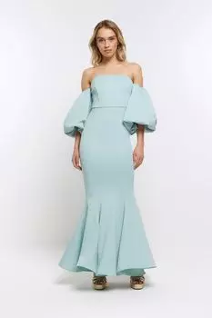 Платье макси с пышными рукавами и открытыми плечами River Island, синий