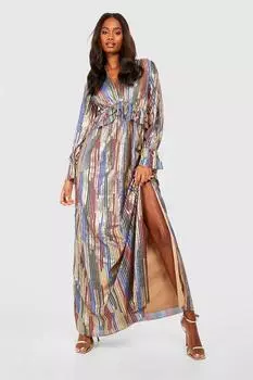 Платье макси с радужной радугой металлического платья и руфлами Boohoo, разноцветный