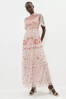 Платье макси с расклешенными рукавами и вышивкой по всей поверхности Coast, розовый