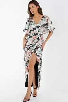 Платье-макси с разноцветным цветочным принтом и атласным запахом QUIZ Clothing