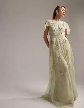 Платье макси с развевающимися рукавами и цветочной вышивкой ASOS Bridesmaid цвета шалфея