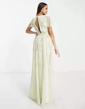 Платье макси с развевающимися рукавами и цветочной вышивкой ASOS DESIGN Bridesmaid цвета шалфея