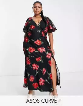 Платье макси с рифлеными рукавами и вырезом на спине ASOS DESIGN Curve с жаккардовым принтом роз