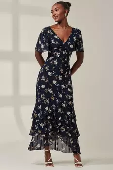 Платье макси с рукавами ангелами и многоуровневым подолом Jolie Moi, синий