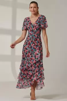 Платье макси с рукавами ангелами и многоуровневым подолом Jolie Moi, синий