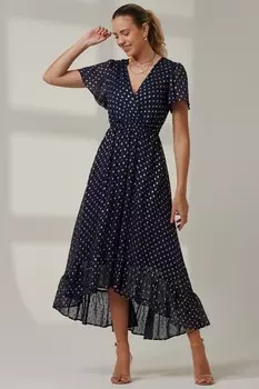 Платье макси с рукавами ангелочками и металлическим эффектом Jolie Moi, синий