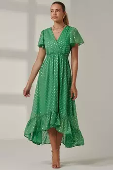 Платье макси с рукавами ангелочками и металлическим эффектом Jolie Moi, зеленый