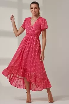 Платье макси с рукавами ангелочками и металлическим эффектом Jolie Moi, розовый