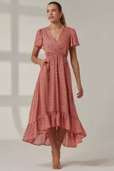 Платье макси с рукавами ангелочками и металлическим эффектом Jolie Moi, розовый