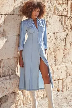 Платье макси с рукавами блузонами и пуговицами Sosandar, синий