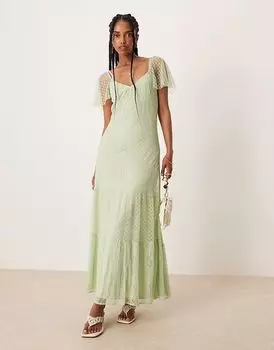 Платье макси с рукавами-крылышками и кружевными вставками ASOS DESIGN мятного цвета