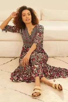 Платье макси с рукавом 3/4 с цветочным принтом в винтажном стиле Izabel London, синий