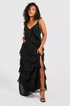 Платье макси с рюшами и бретелями Plus boohoo, черный