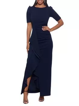Платье макси с рюшами и складками Xscape, темно-синий