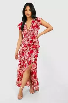 Платье макси с рюшами и запахом Petite Tile Print boohoo, оранжевый