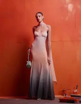 Платье макси с рюшами на груди, с шарфом в цвете омбре ASOS DESIGN