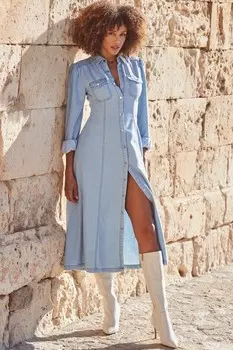 Платье макси с рюшами на рукавах и застежкой на пуговицы Sosandar, синий