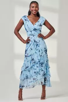 Платье макси с сетчатым подолом и оборкой Yuri Jolie Moi, синий