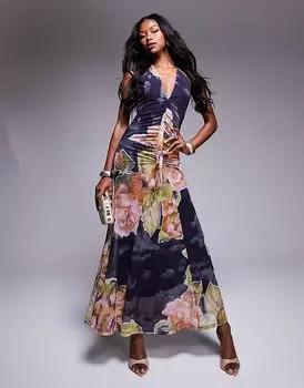 Платье макси с сетчатым вырезом спереди, отделкой годе и широким подолом с цветочным принтом ASOS DESIGN