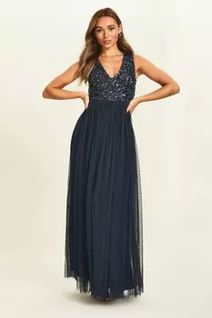 Платье-макси с топом без рукавов с V-образным вырезом расшитым пайетками Maya, синий