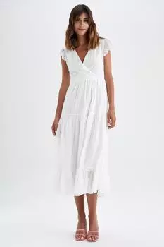 Платье макси с V-образным вырезом и короткими рукавами из вуали DeFacto, белый