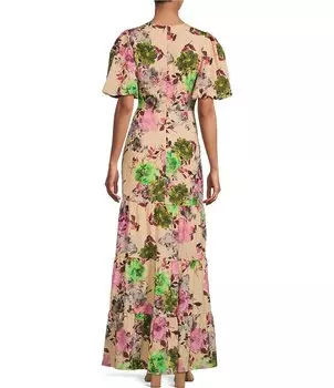 Платье макси с v-образным вырезом и пышными рукавами Belle Badgley Mischka Shay из крепа, мультиколор