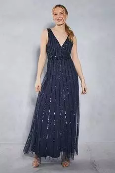 Платье макси с V-образным вырезом и пайетками по всей поверхности Oasis, темно-синий