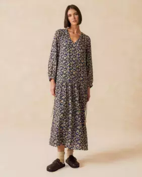 Платье макси с V-образным вырезом и рукавами-фонариками Indi & Cold, синий