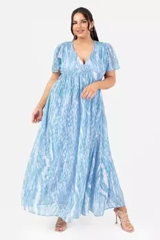 Платье-Макси с V-образным вырезом расклешенными рукавами и декоративной отделкой Lovedrobe, синий