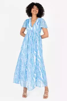 Платье-Макси с V-образным вырезом расклешенными рукавами и декоративной отделкой Lovedrobe, синий