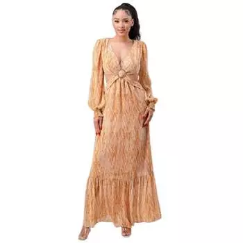 Платье макси с V-образным вырезом, поясом и боковыми вырезами, оборками FASHNZFAB, желтый