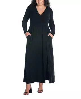 Платье макси с V-образным вырезом и длинными рукавами больших размеров 24seven Comfort Apparel, черный
