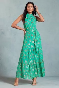Платье макси с воротником халтер и поясом и оборками Love & Roses, зеленый