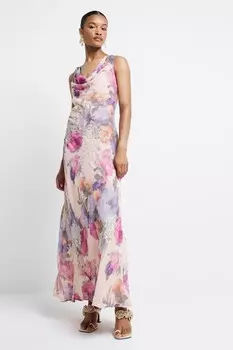 Платье макси с воротником хомут из 100% хлопка River Island, фиолетовый