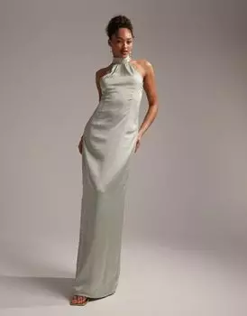 Платье макси с воротником-стойкой и воротником-стойкой ASOS DESIGN Bridesmaids шалфейно-зеленого цвета
