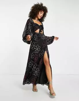 Платье макси с вырезами ASOS DESIGN и вышивкой разноцветными цветами по всей поверхности