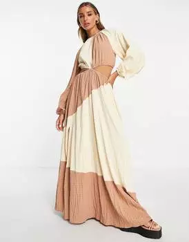 Платье макси с вырезами в стиле цветных блоков ASOS DESIGN цвета мокко и натуральной текстуры ASOS DESIGN